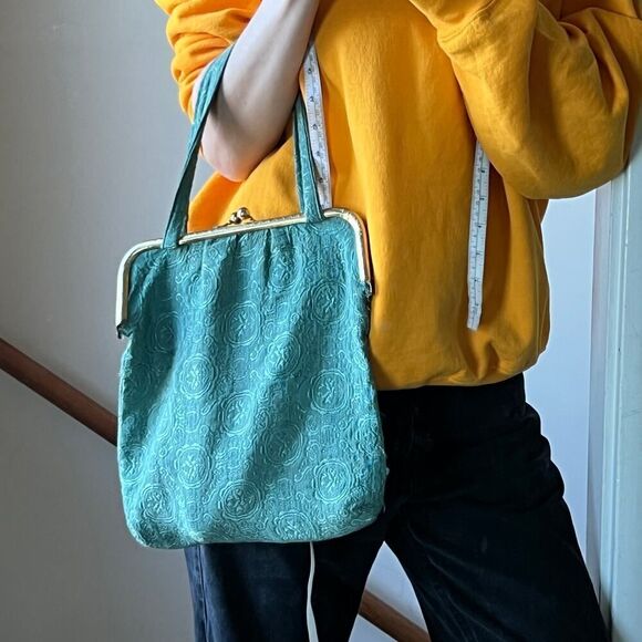 Antique Vintage‎ Teal Seafoam Green Handbag Kiss Lock Purse Tote Gold Tapestry - Picture 3 of 9